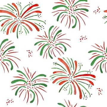 Watercolor hand drawn seamless pattern with fireworks in sky, party celebration Stock Illustration