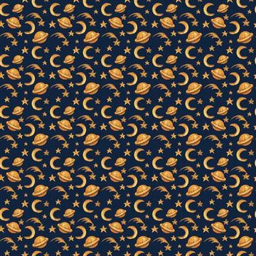 Watercolor hand drawn seamless pattern with wood toys - moon, stars and planet. Stock Illustration