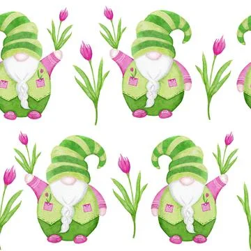 Watercolor hand drawn seamless pattern with Easter pink and green Scandinavian Stock Illustration
