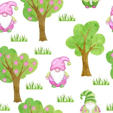 Watercolor hand drawn seamless pattern with Easter pink and green Scandinavian Stock Illustration