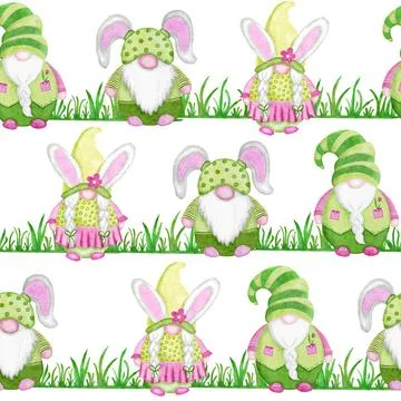 Watercolor hand drawn seamless pattern with Easter pink and green Scandinavian Stock Illustration