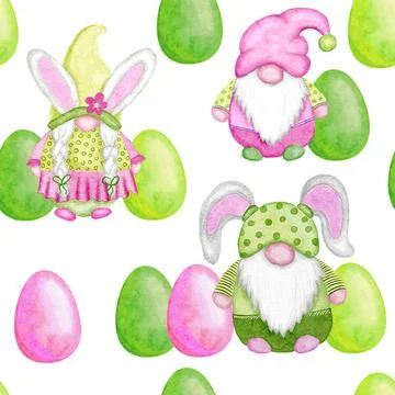 Watercolor hand drawn seamless pattern with Easter pink and green Scandinavian Illustrazione stock