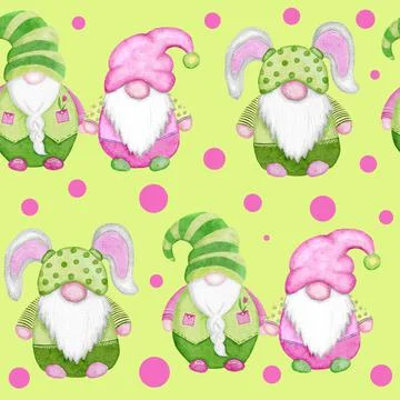 Watercolor hand drawn seamless pattern with Easter pink and green Scandinavian Stock Illustration