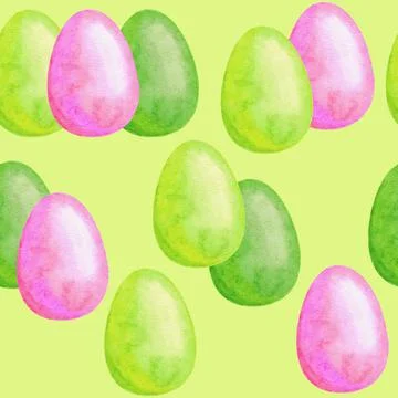 Watercolor hand drawn seamless pattern with Easter pink and green eggs in pastel Stock Illustration