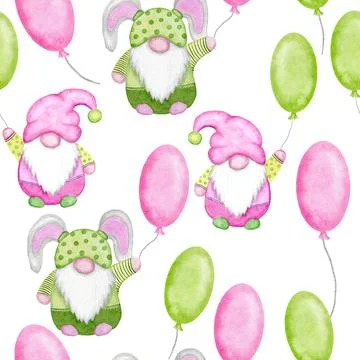 Watercolor hand drawn seamless pattern with Easter pink and green Scandinavian Stock Illustration