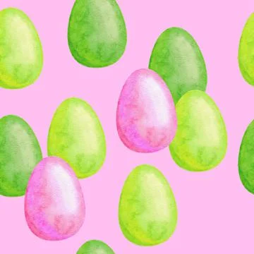 Watercolor hand drawn seamless pattern with Easter pink and green eggs in pastel Stock Illustration