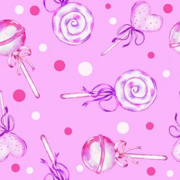 Watercolor hand drawn seamless pattern with pastel pink lollipop candies sweets Ilustração Stock