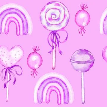 Watercolor hand drawn seamless pattern with pastel pink lollipop candies sweets Stock Illustration