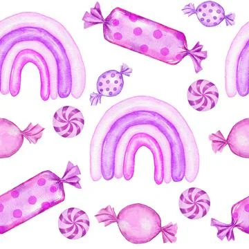Watercolor hand drawn seamless pattern with pastel pink lollipop candies sweets Stock Illustration