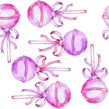 Watercolor hand drawn seamless pattern with pastel pink lollipop candies sweets Stock Illustration