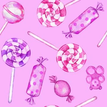 Watercolor hand drawn seamless pattern with pastel pink lollipop candies sweets Stock Illustration