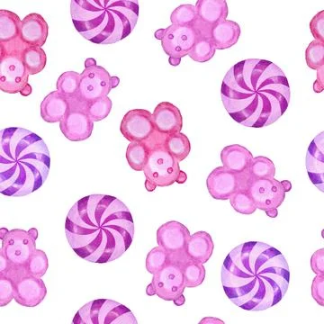 Watercolor hand drawn seamless pattern with pastel pink lollipop candies sweets Stock Illustration