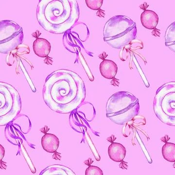 Watercolor hand drawn seamless pattern with pastel pink lollipop candies sweets Stock Illustration