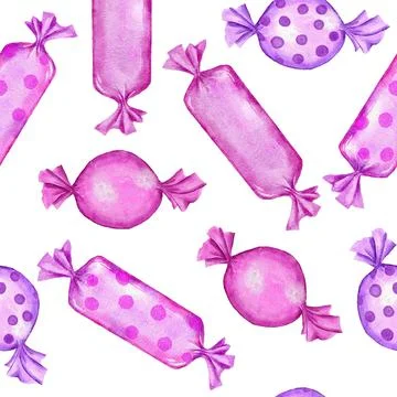 Watercolor hand drawn seamless pattern with pastel pink lollipop candies sweets Stock Illustration