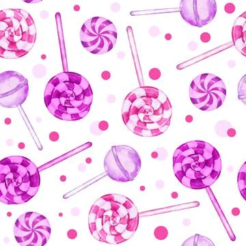 Watercolor hand drawn seamless pattern with pastel pink lollipop candies sweets Stock Illustration