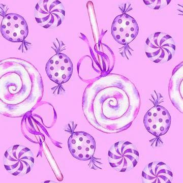 Watercolor hand drawn seamless pattern with pastel pink lollipop candies sweets Stock Illustration