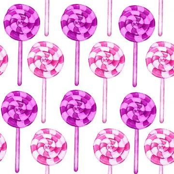 Watercolor hand drawn seamless pattern with pastel pink lollipop candies sweets Stock Illustration