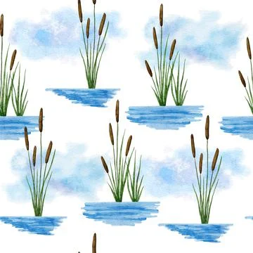 Watercolor hand drawn seamless pattern with typha plant in river lake water Stock Illustration