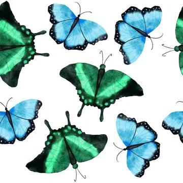 Watercolor hand drawn seamless pattern with butterfly dragonfly moth insects 스톡 일러스트