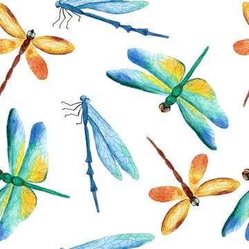 Watercolor hand drawn seamless pattern with butterfly dragonfly moth insects Illustrazione stock
