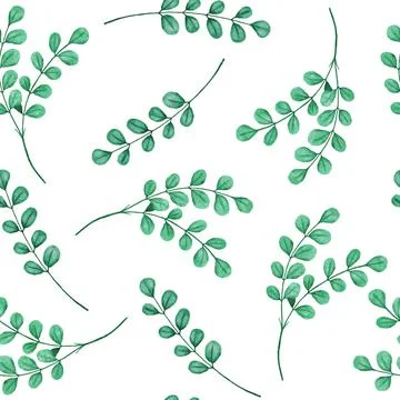 Watercolor hand drawn seamless pattern with green leaves natural leaf greenery Stock Illustration