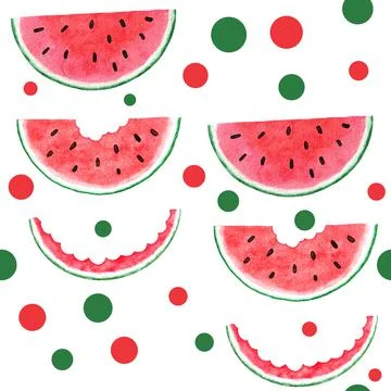 Watercolor hand drawn seamless pattern with watermelon fruit, red green tropical Stock Illustration