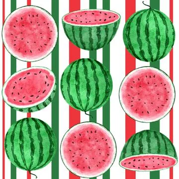 Watercolor hand drawn seamless pattern with watermelon fruit and stripes, red Stock Illustration