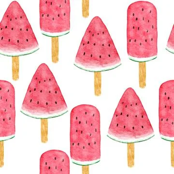 Watercolor hand drawn seamless pattern with watermelon ice cream fruit, red Stock Illustration