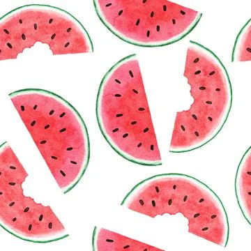 Watercolor hand drawn seamless pattern with watermelon fruit, red green tropical Stock Illustration
