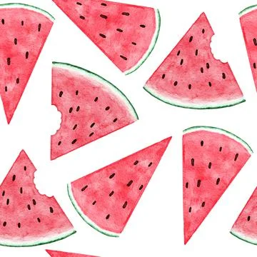 Watercolor hand drawn seamless pattern with watermelon fruit, red green tropical Stock Illustration