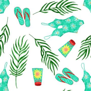 Watercolor hand drawn seamless pattern with beach vibe holiday summer vacation Illustrazione stock