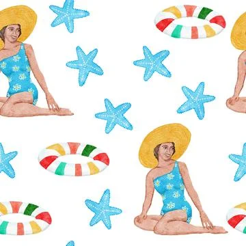 Watercolor hand drawn seamless pattern with beach vibe holiday summer vacation Stock Illustration