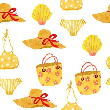Watercolor hand drawn seamless pattern with beach vibe holiday summer vacation Stock Illustration