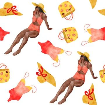 Watercolor hand drawn seamless pattern with beach vibe holiday summer vacation Stock Illustration