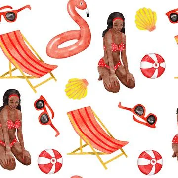 Watercolor hand drawn seamless pattern with beach vibe holiday summer vacation Stock Illustration