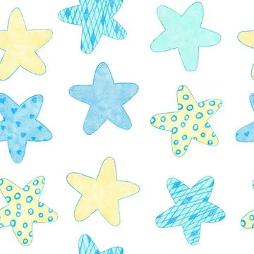 Watercolor hand drawn seamless pattern of blue boy baby shower fabric print Stock Illustration