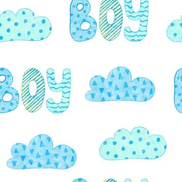 Watercolor hand drawn seamless pattern of blue boy baby shower fabric print Stock Illustration