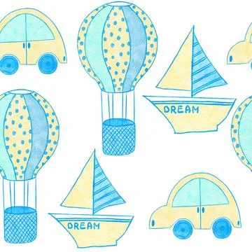 Watercolor hand drawn seamless pattern of blue boy baby shower fabric print 스톡 일러스트