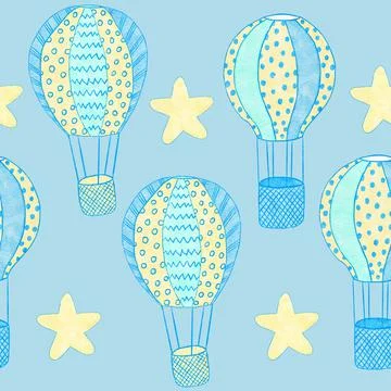 Watercolor hand drawn seamless pattern of blue boy baby shower fabric print Ilustración de archivo