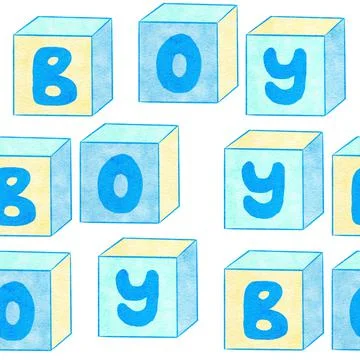 Watercolor hand drawn seamless pattern of blue boy baby shower fabric print Stock Illustration