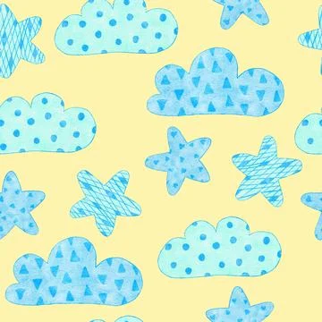 Watercolor hand drawn seamless pattern of blue boy baby shower fabric print 스톡 일러스트