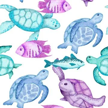 Watercolor hand drawn seamless pattern with underwater marine nautical animals Stock Illustration