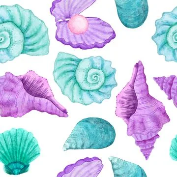 Watercolor hand drawn seamless pattern with underwater marine nautical animals Illustrazione stock