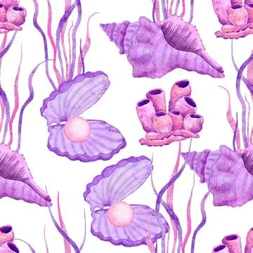 Watercolor hand drawn seamless pattern with underwater marine nautical animals Stock Illustration