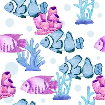 Watercolor hand drawn seamless pattern with underwater marine nautical animals 库存插图