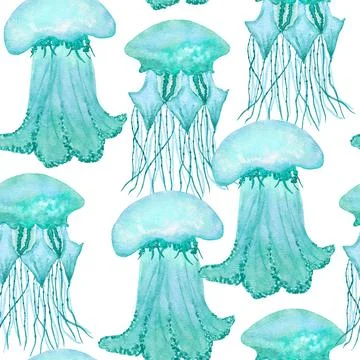 Watercolor hand drawn seamless pattern with underwater marine nautical animals Stock Illustration