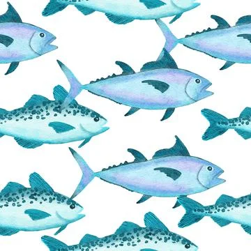 Watercolor hand drawn seamless pattern with underwater marine nautical animals Stock Illustration