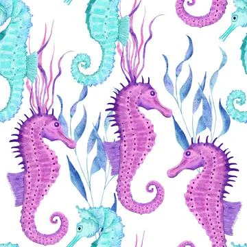 Watercolor hand drawn seamless pattern with underwater marine nautical animals Stockillustratie