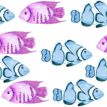 Watercolor hand drawn seamless pattern with underwater marine nautical animals イラスト素材