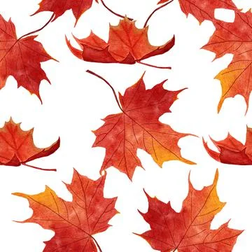 Watercolor hand drawn seamless pattern with red orange yellow fall autumn leaves 스톡 일러스트
